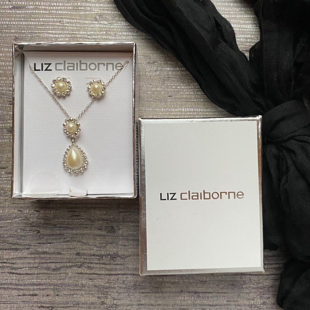 Liz Claiborne Faux Pearl And Rhinestone Necklace & Pierced Earring Set